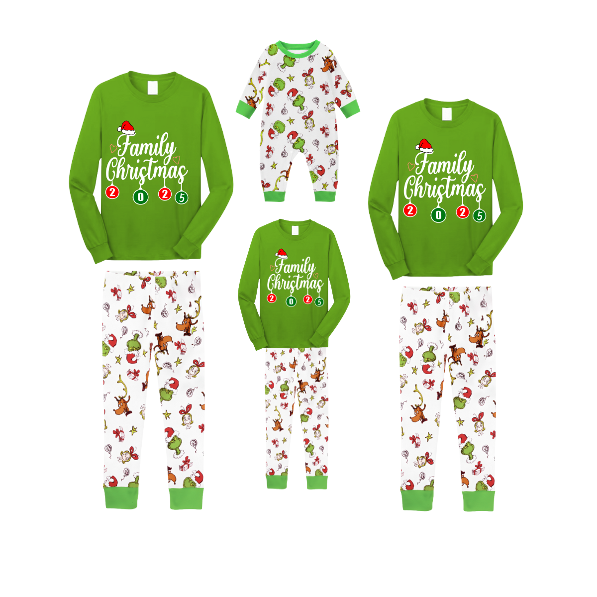 Family Christmas 2025 Pajamas Set - Green Top / Cartoon Print Pants