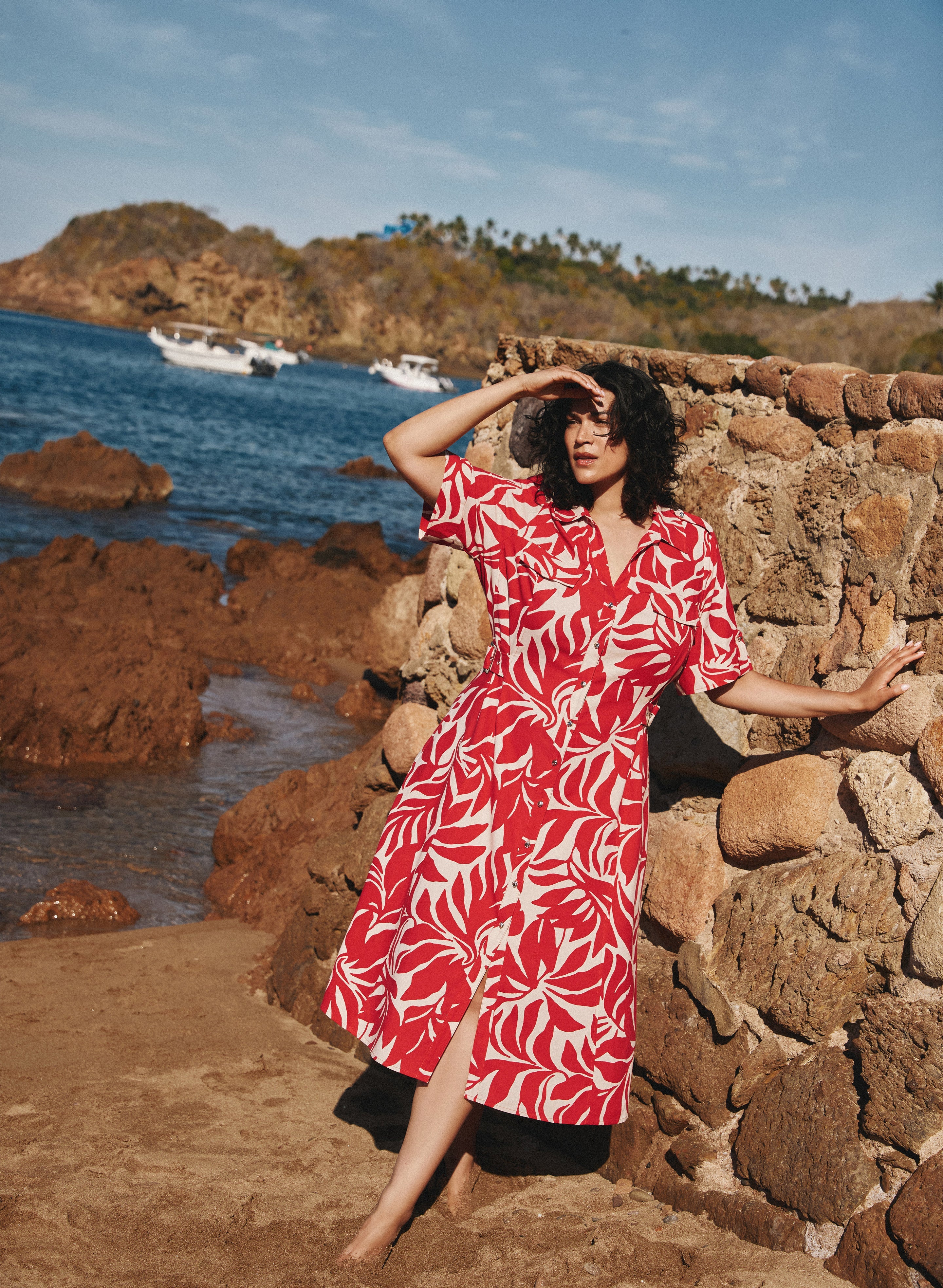 Leaf Print Linen-Blend Dress