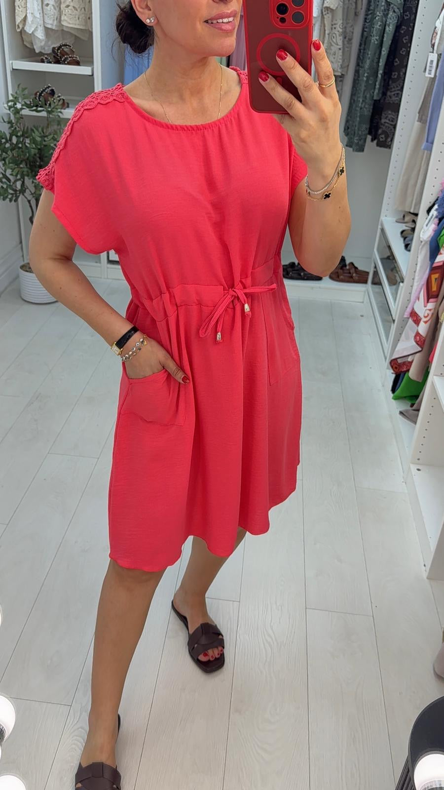 Quinnie Crochet Detailed Drawstring Waist Midi Dress