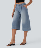 FlexTM Mid Rise Capri Wide Leg Washed Casual Jeans with Pockets