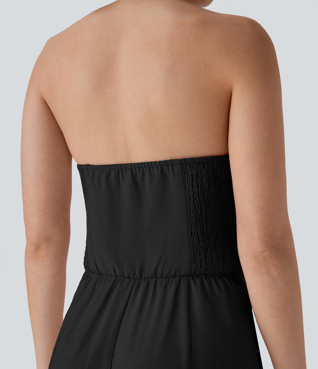 Halter Shirred Wide Leg Work Jumpsuit with Pockets