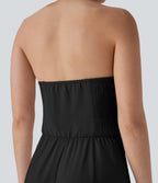 Halter Shirred Wide Leg Work Jumpsuit with Pockets