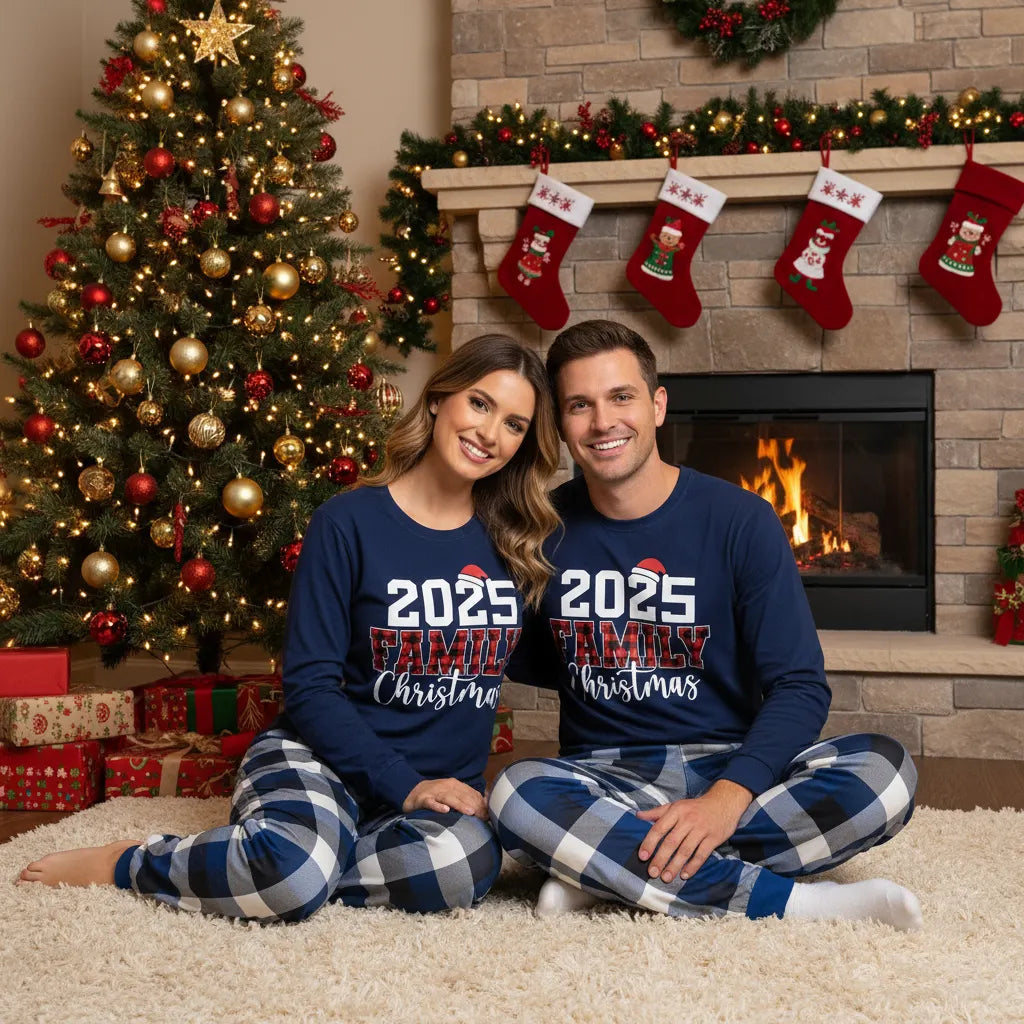Couple Matching Blue Plaid Pajamas With "2025 Family Christmas" Text Printed