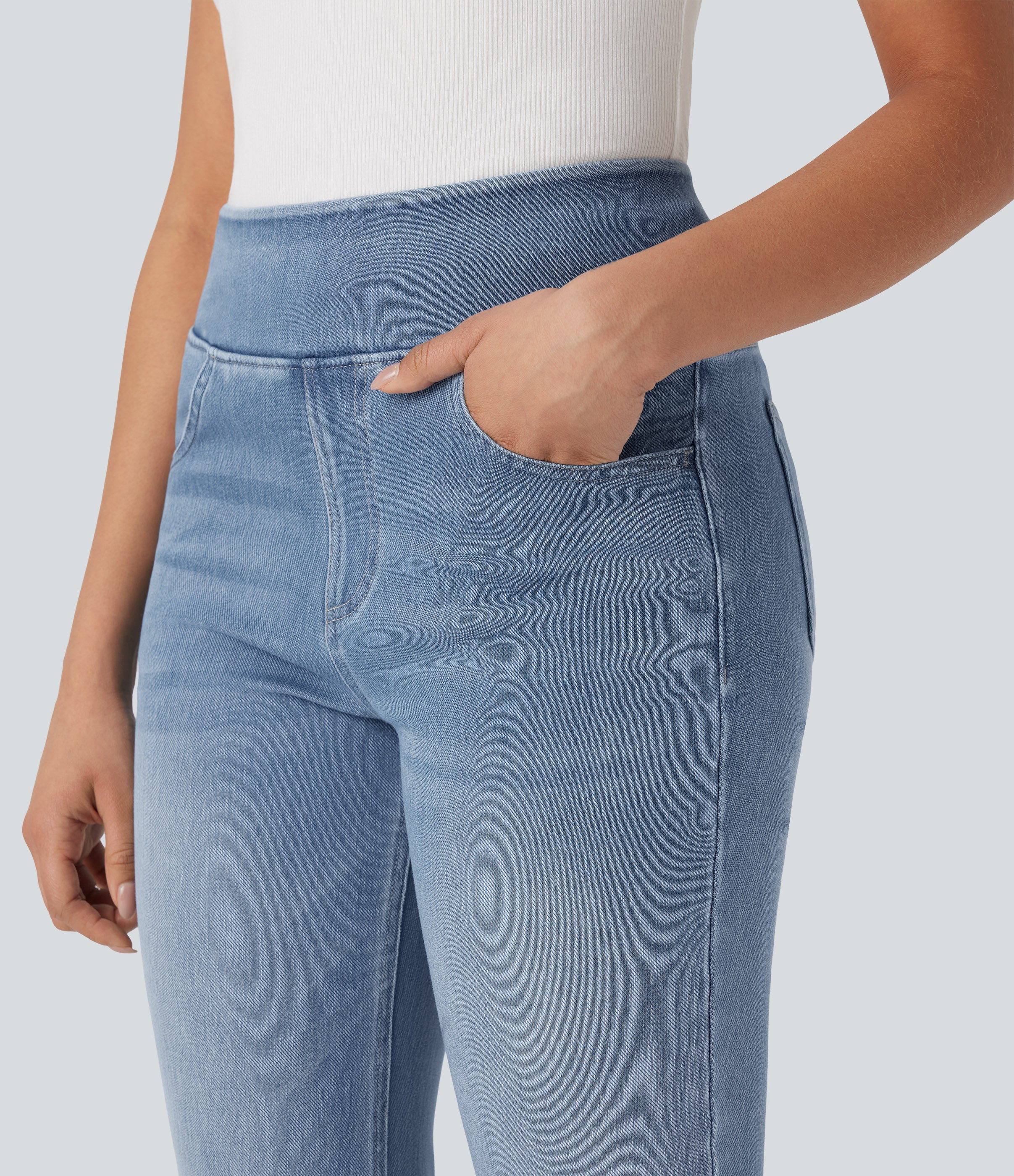 FlexTM High Waisted Tummy Control Washed Casual Bootcut Jeans with Pockets