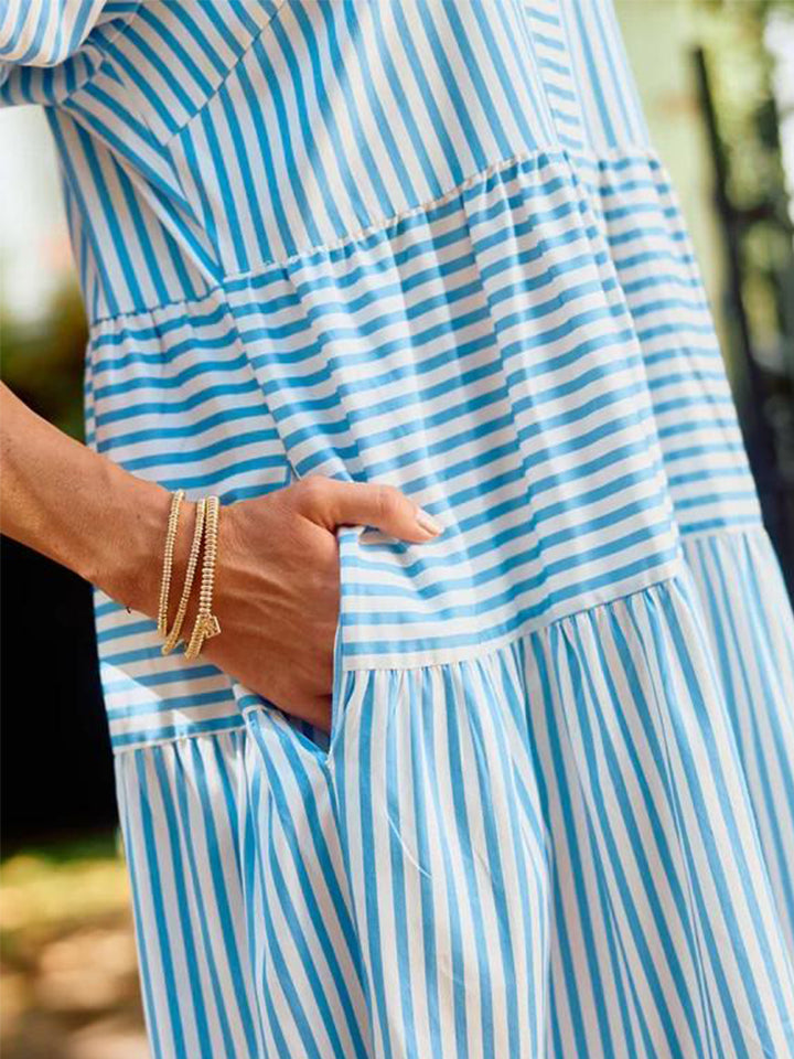 NEW🔥 V-Neck Pleated Short Sleeve Striped Shirt Dress