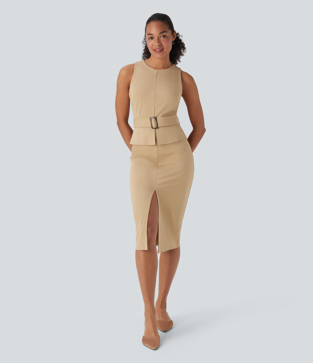 Sleeveless Keyhole-Back Belted Midi Work Dress