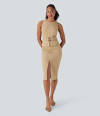 Sleeveless Keyhole-Back Belted Midi Work Dress