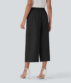 High Waisted Belted Wide Leg Cropped Work Pants with Pockets