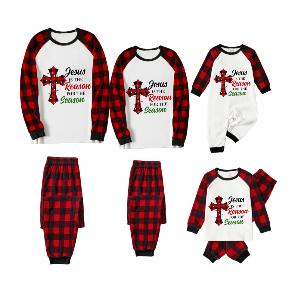 Red and Black Plaid Christmas Pajamas Set With "Jesus Is The Reason For The Season" Slogan Print