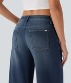 FlexTM Asymmetric Low Rise Zipper Pockets Baggy Wide Leg Washed Casual Jeans
