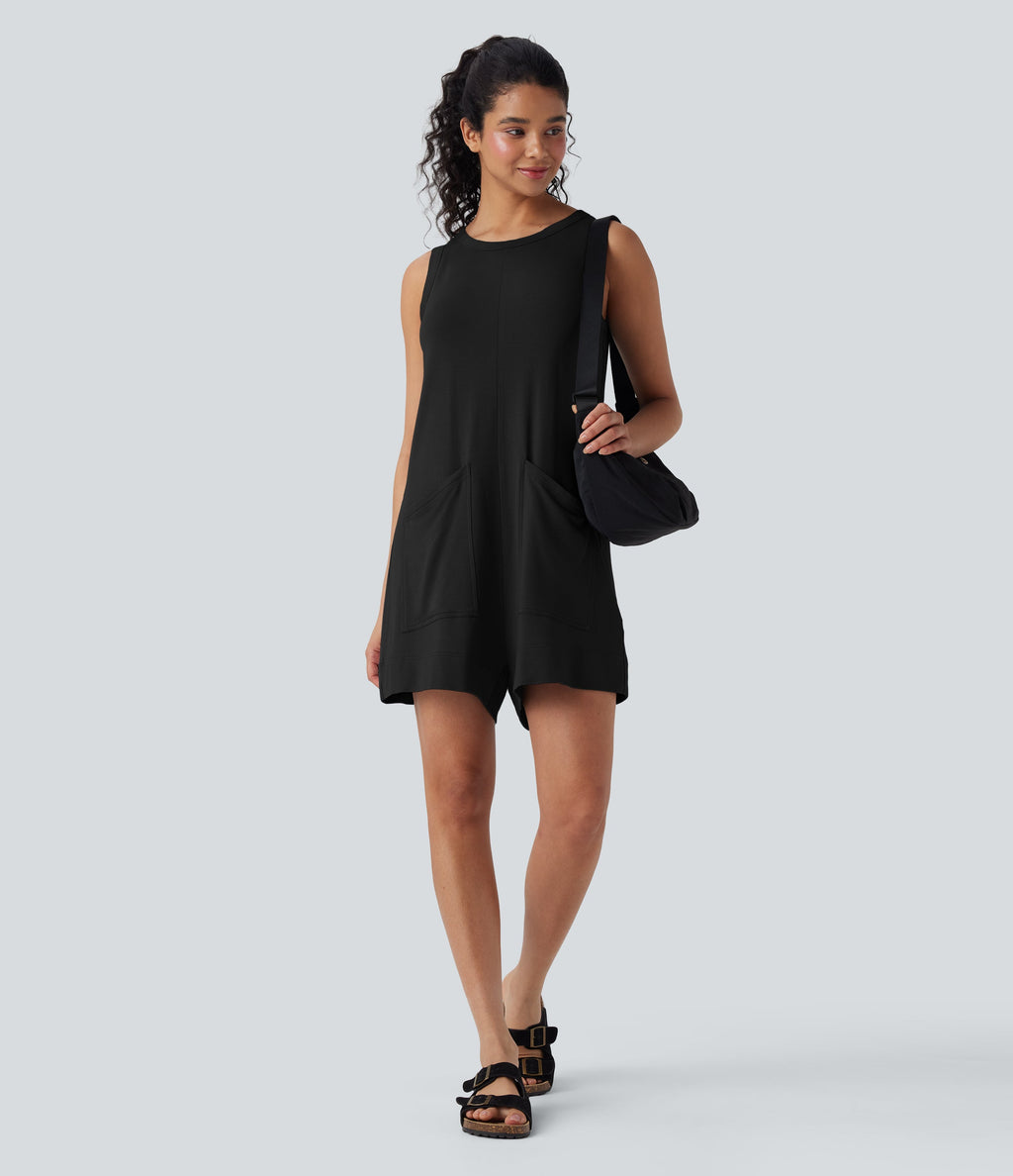 Round Neck Sleeveless Casual Jumpsuit with Pockets