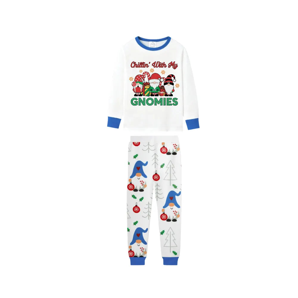 Blue Family Christmas Holiday Pajamas Set with Merry Gnome Pattern Print
