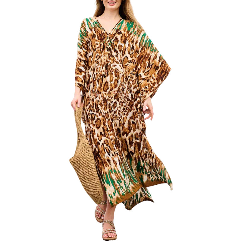 Plus Size V-Neck Batwing Sleeves Floral Print Caftan Kaftan Dress