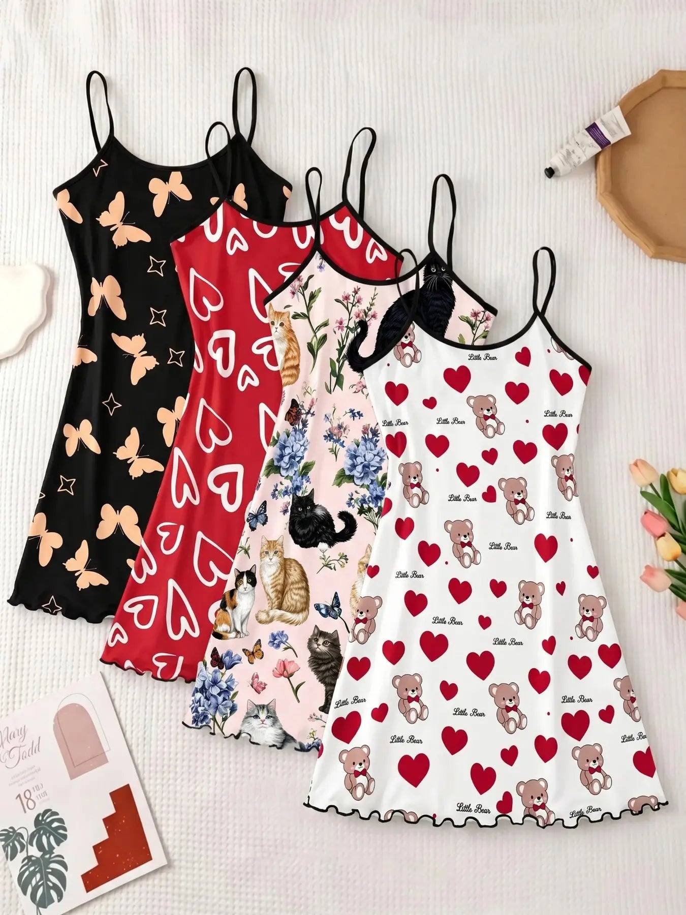 4-Pack Women's Strapless Nightdresses, Cartoon Bear All-Over Print Pajamas, Sweet Home Wear for Spring Summer, Essential Cozy Sleepwear Homewear