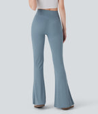 Ribbed Knit Crossover High Waisted Casual Flare Pants with Pocket