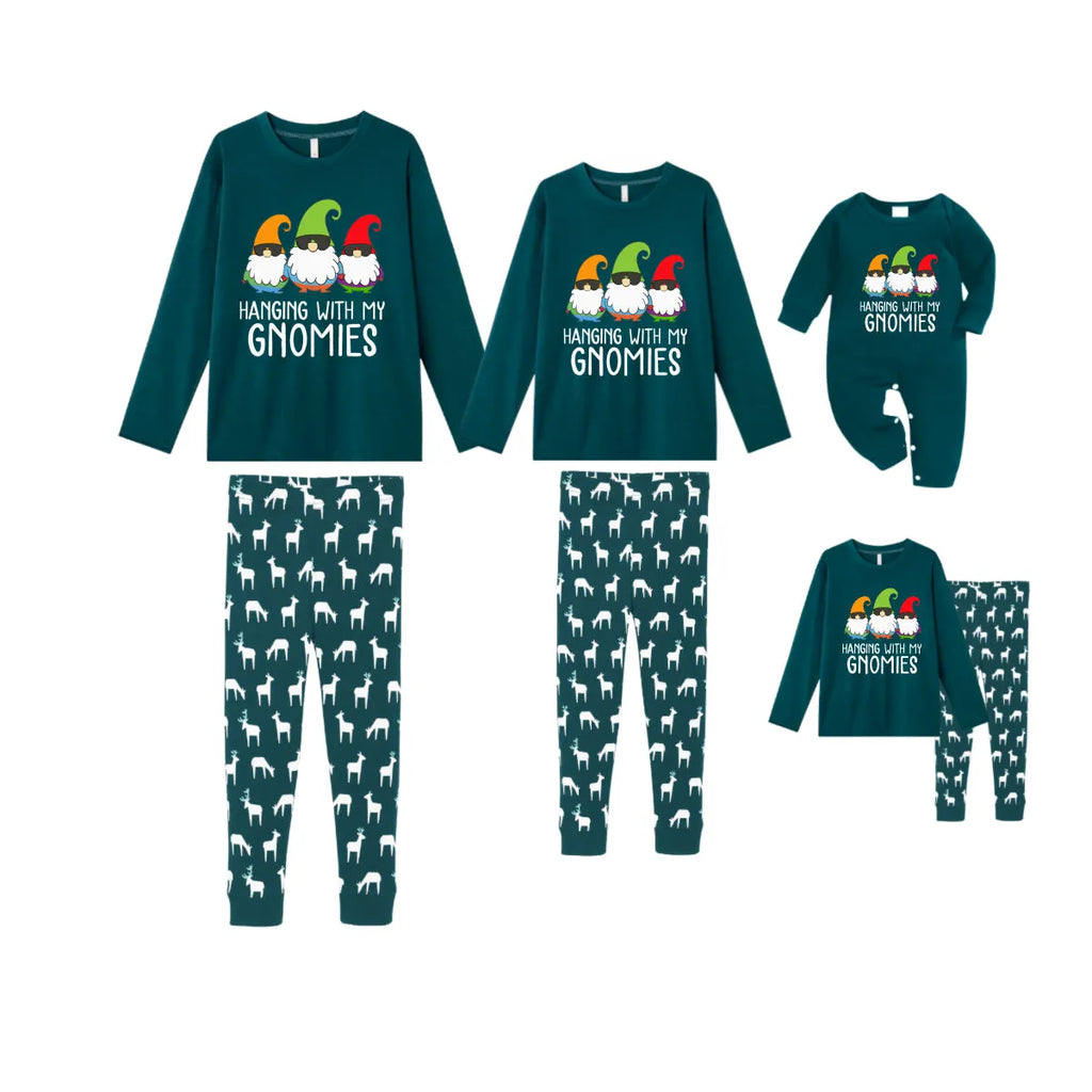 Christmas Family Matching Pajamas-Dark Green&Deer Patterned Pjs Set with "Hanging With My Gnomies" Print