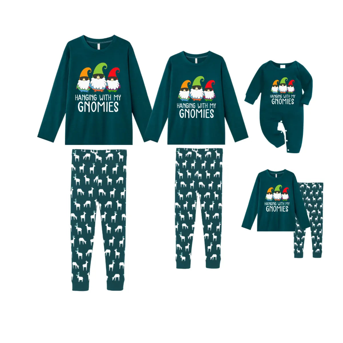 Christmas Family Matching Pajamas-Dark Green&Deer Patterned Pjs Set with "Hanging With My Gnomies" Print