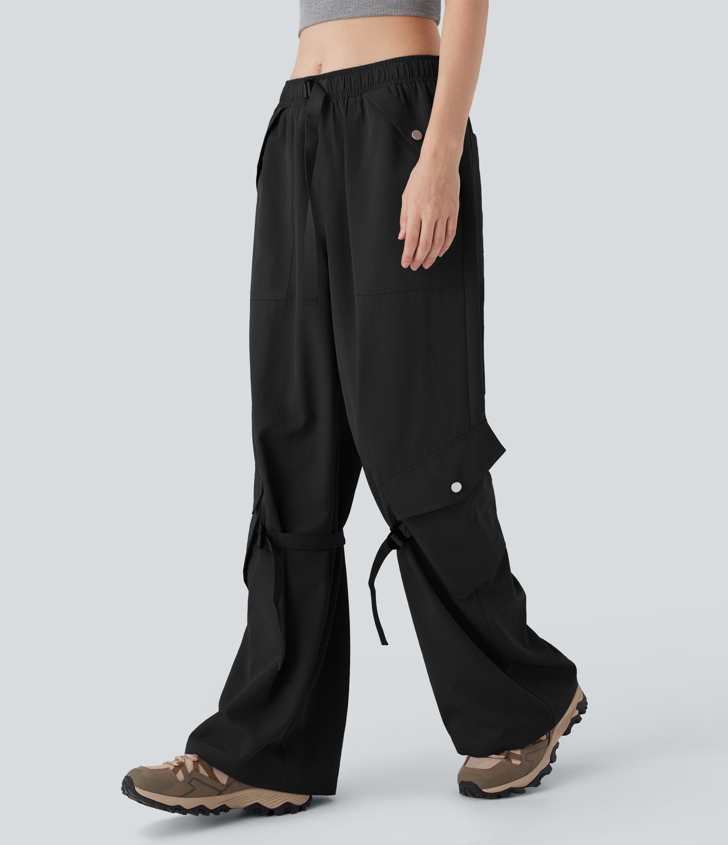 Mid Rise Belted Wide Leg Hiking Cargo Pants with Pockets
