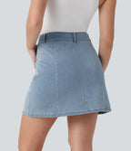 FlexTM Mid Rise A Line Stretchy Knit Denim Mini Casual Skirt with Pockets