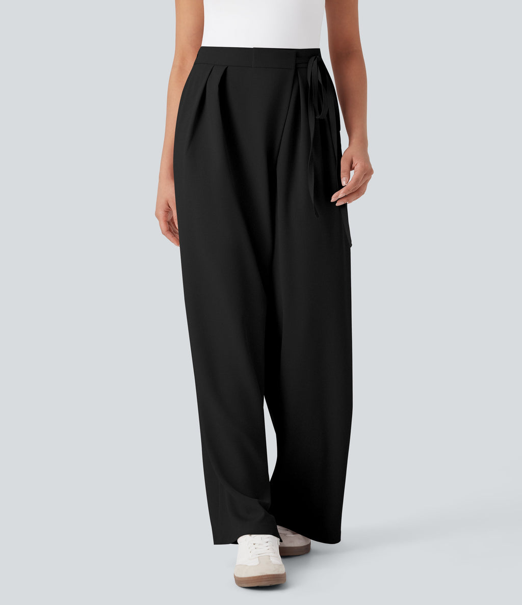 High Waisted Tie Side Wide Leg Work Pants with Pockets