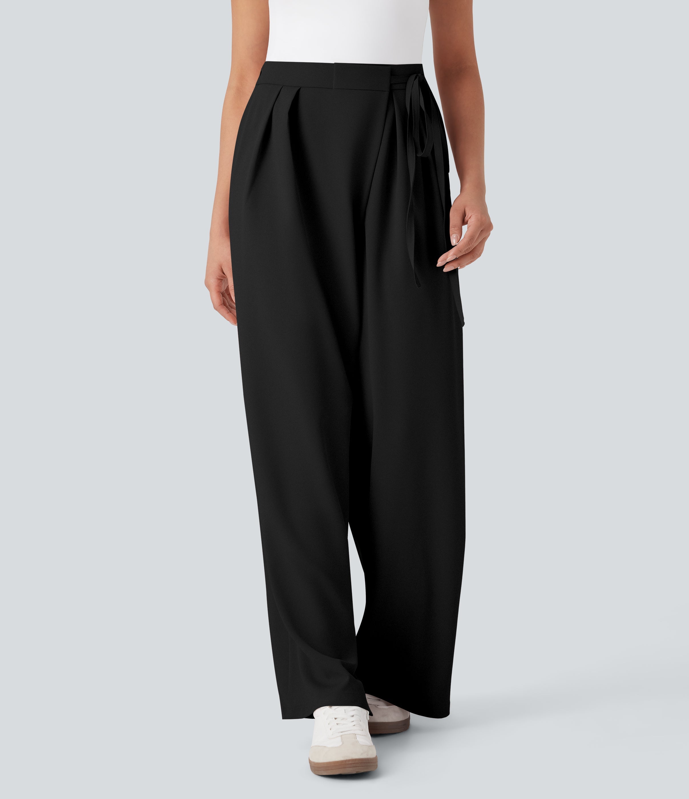 High Waisted Tie Side Wide Leg Work Pants with Pockets