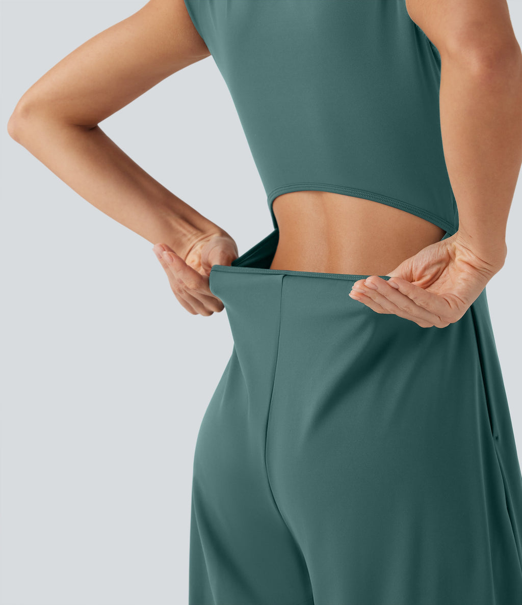 SoftlyZeroTM Airy Short Sleeve Wide Leg Cool Touch Yoga Jumpsuit with Pockets-Easy Peezy Edition
