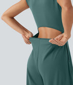 SoftlyZeroTM Airy Short Sleeve Wide Leg Cool Touch Yoga Jumpsuit with Pockets-Easy Peezy Edition