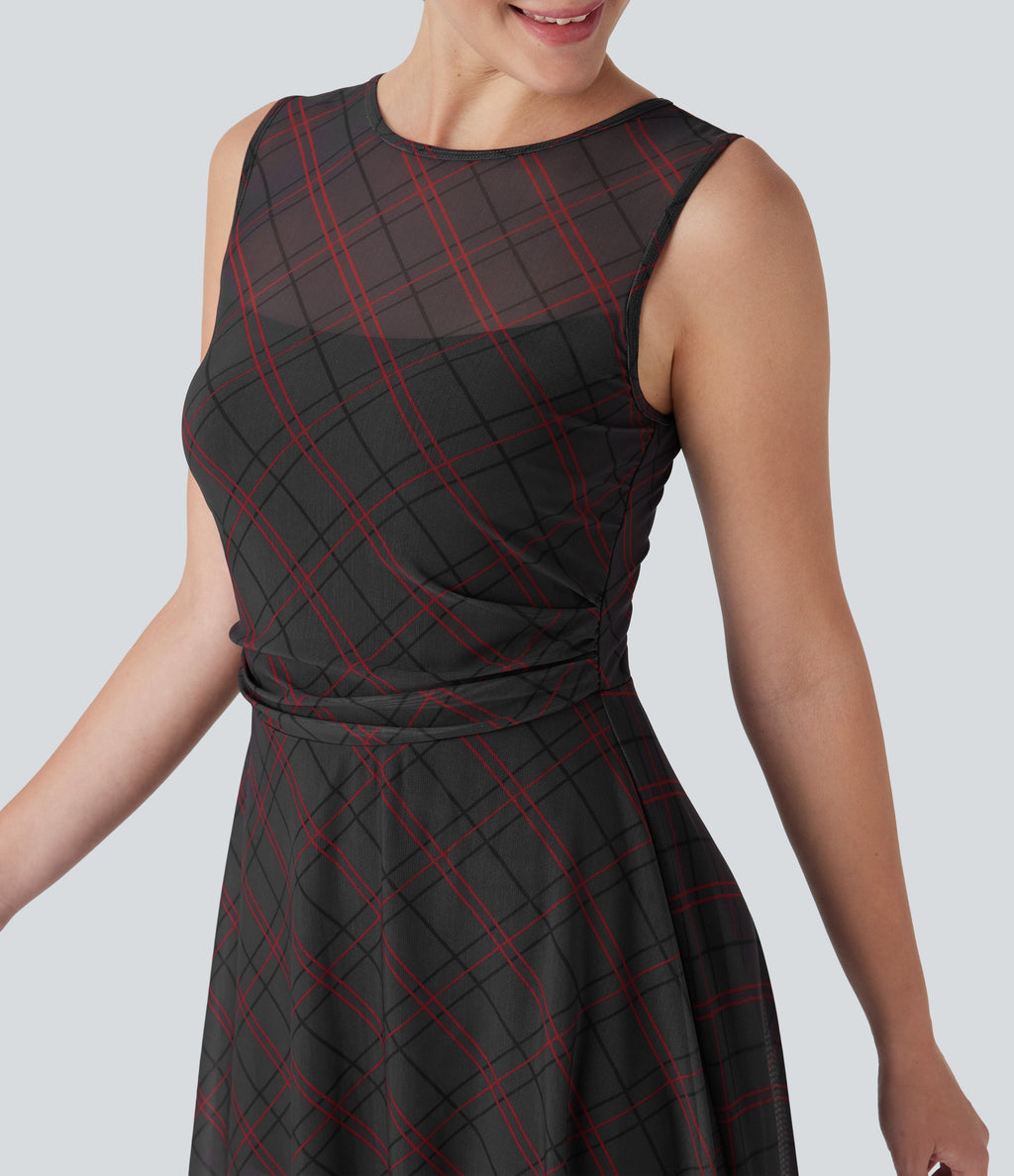 Sleeveless Plaid Contrast Mesh 2-in-1 Mini Casual Dress with Pocket