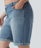 FlexTM High Waisted Multiple Pockets Rolled Hem Washed Stretchy Knit Denim Casual Plus Size Bermuda Shorts
