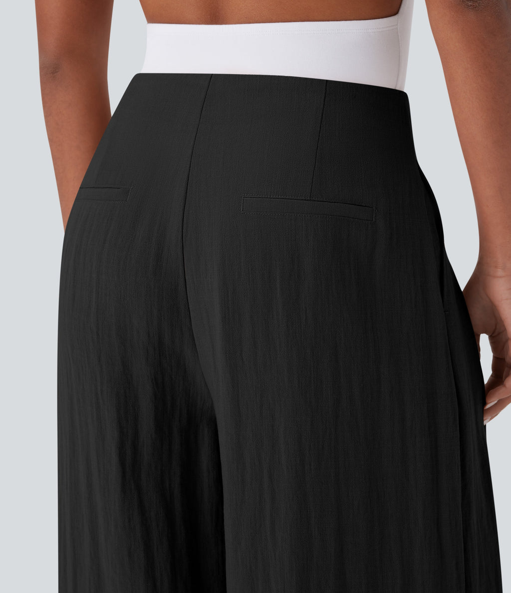 High Waisted Linen-Feel Work Wide Leg Pants with Pockets