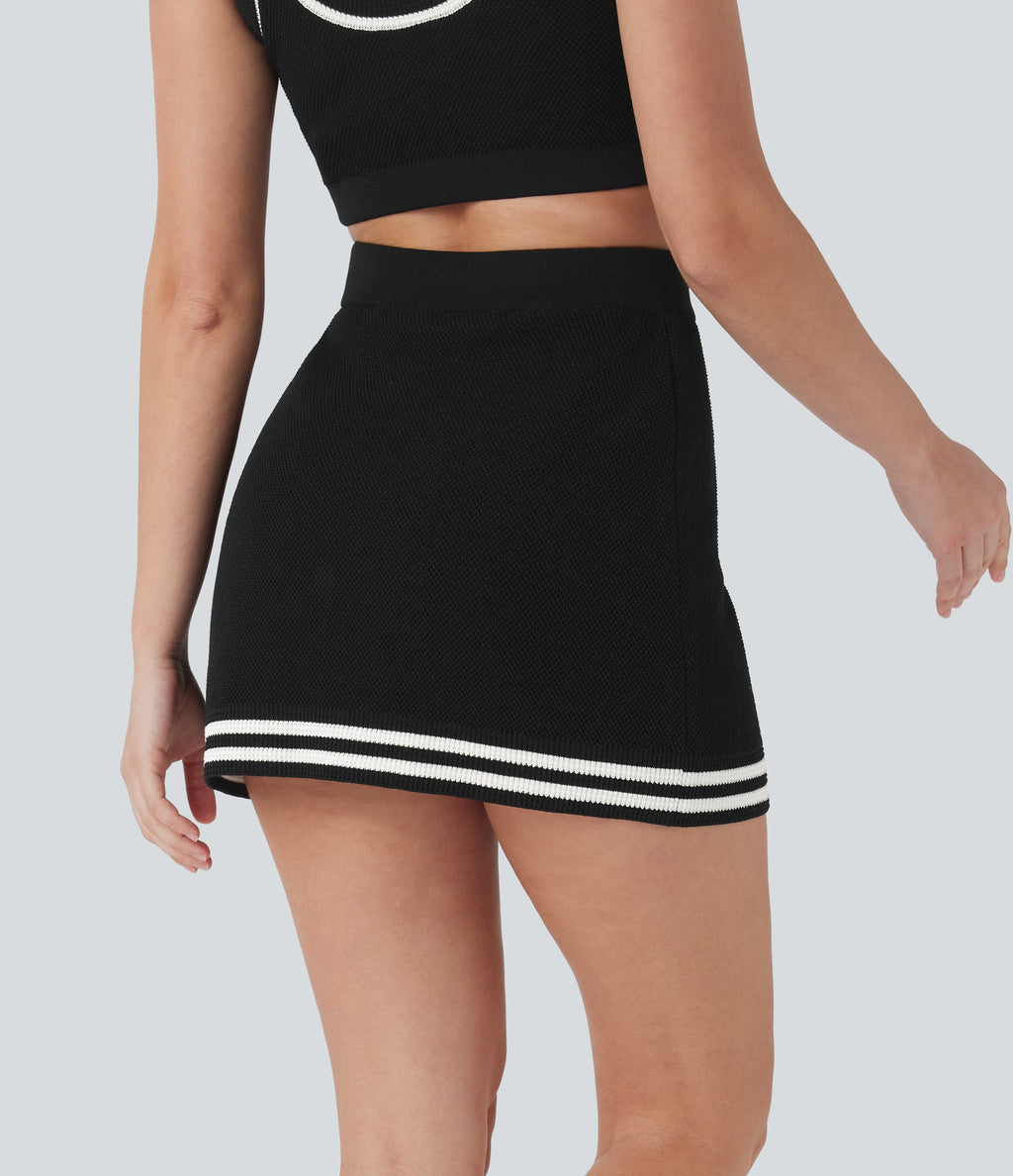High Waisted Color Block 2-in-1 Mini Casual Sweater Knit Skirt with Pocket