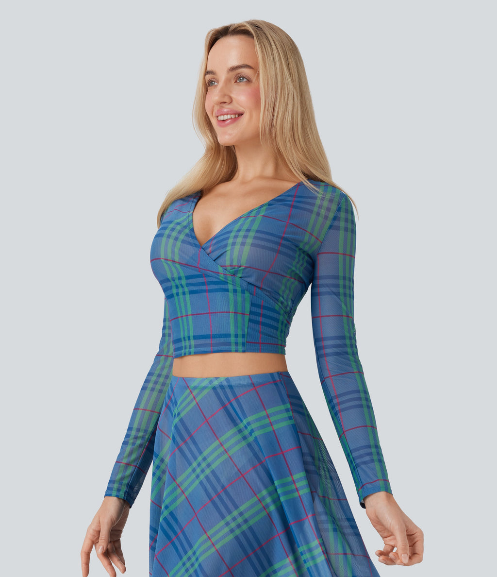 Sheer Mesh V-Neck Wrapped Tie-Back Top