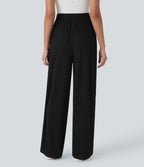 High Waisted Straight Leg Crinkle Casual Pants with Pockets