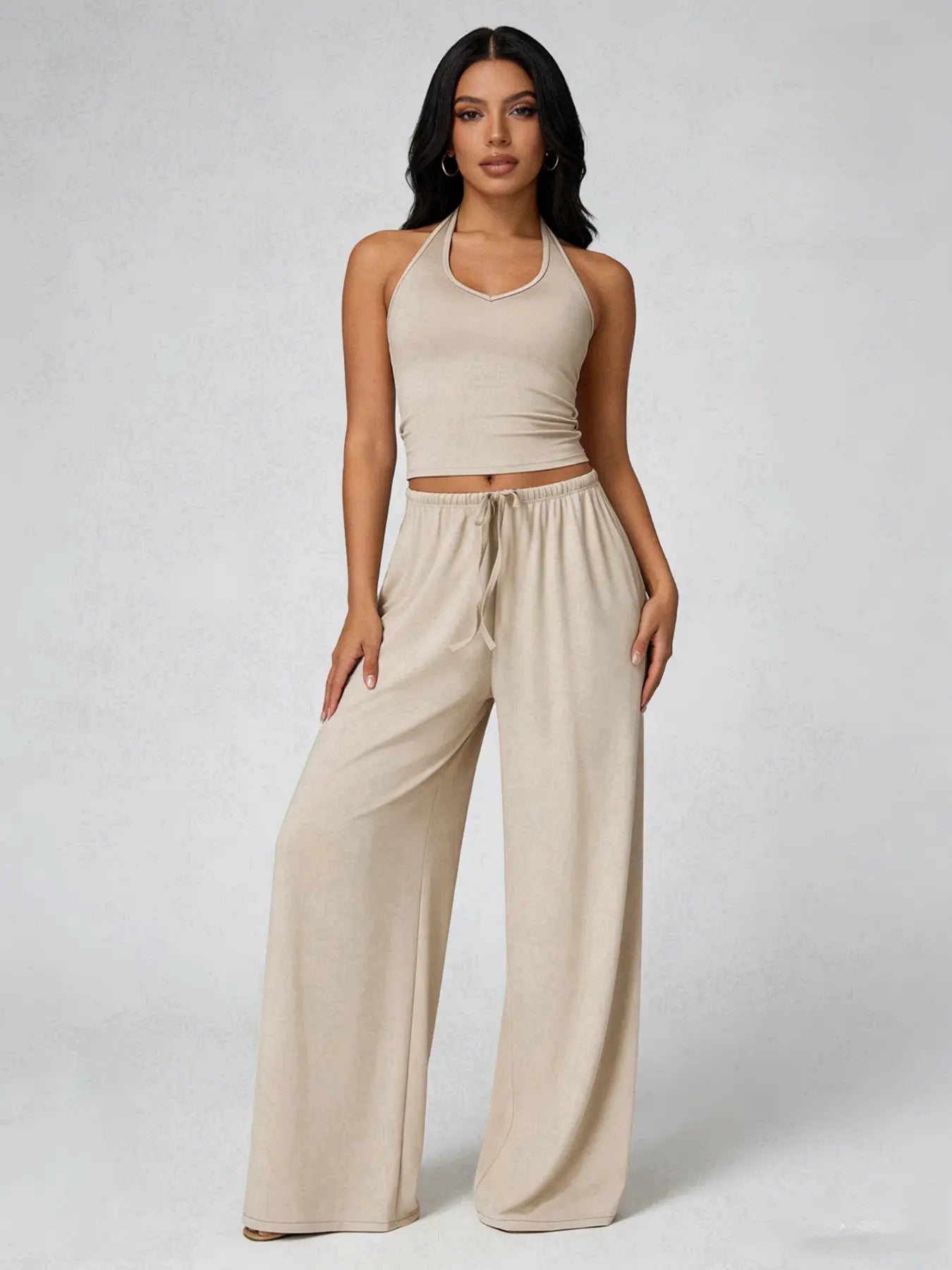 Women's Solid Crop Tank Top & Wide Leg Pants Set, Casual V Neck Sleeveless Top & Trousers for Daily Outdoor Wear, Ladies Sportswear for Summer Sports, Yoga and Airport Outfits, Gym Outfit
