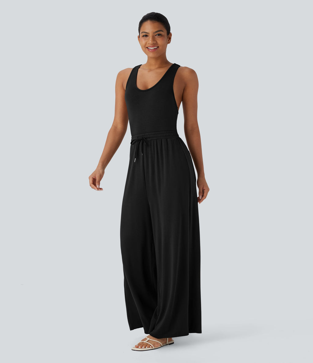 U Neck Racerback Drawstring Casual Jumpsuit with Pockets