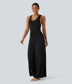 U Neck Racerback Drawstring Casual Jumpsuit with Pockets