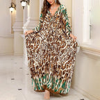 Plus Size V-Neck Batwing Sleeves Floral Print Caftan Kaftan Dress