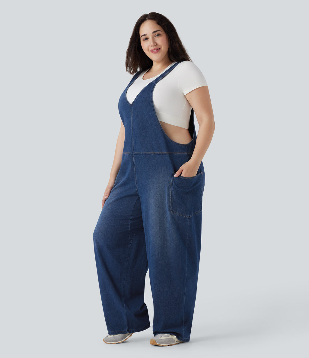 FlexTM V Neck Washed Denim Casual Plus Size Overalls with Pockets