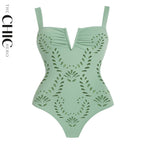 Mint Green Petal Print Hollow V Neck One-Piece Swimsuit&Skirt