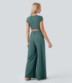SoftlyZeroTM Airy Short Sleeve Wide Leg Cool Touch Yoga Jumpsuit with Pockets-Easy Peezy Edition