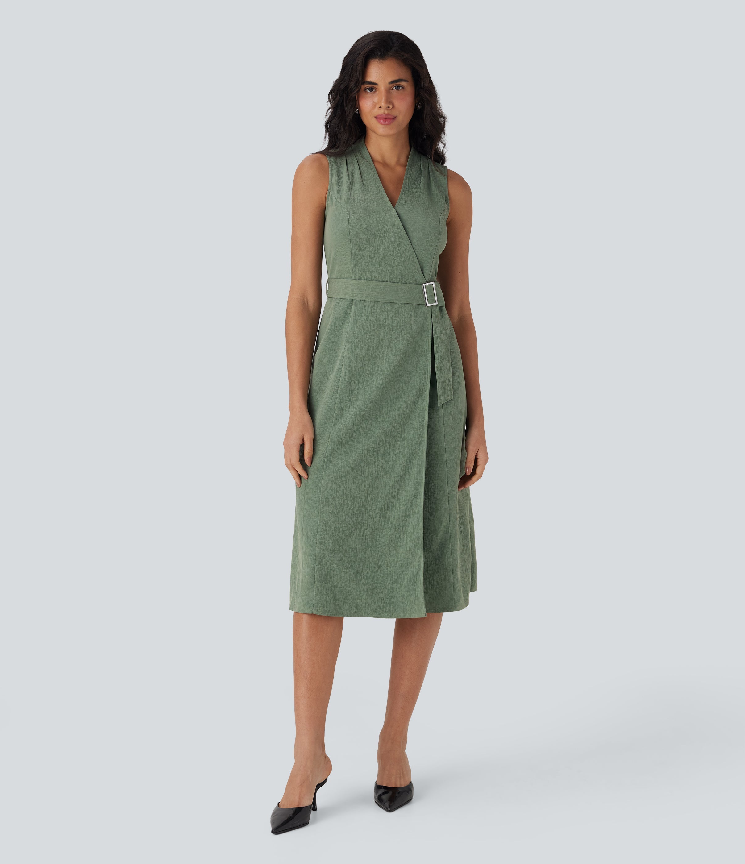 Anti-wrinkle V Neck Sleeveless Wrapped Belted Midi Travel Dress with Pockets