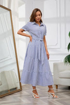 Womens Casual Short Sleeve Button Down Tie Waist Ruffled Striped Maxi Shirt Dress(Buy 2 Free Shipping)