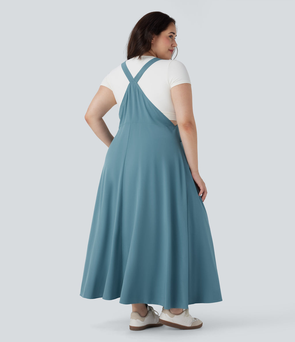 BreezefulTM Flowy Quick Dry Midi Casual Plus Size Pinafore Dress with Pockets