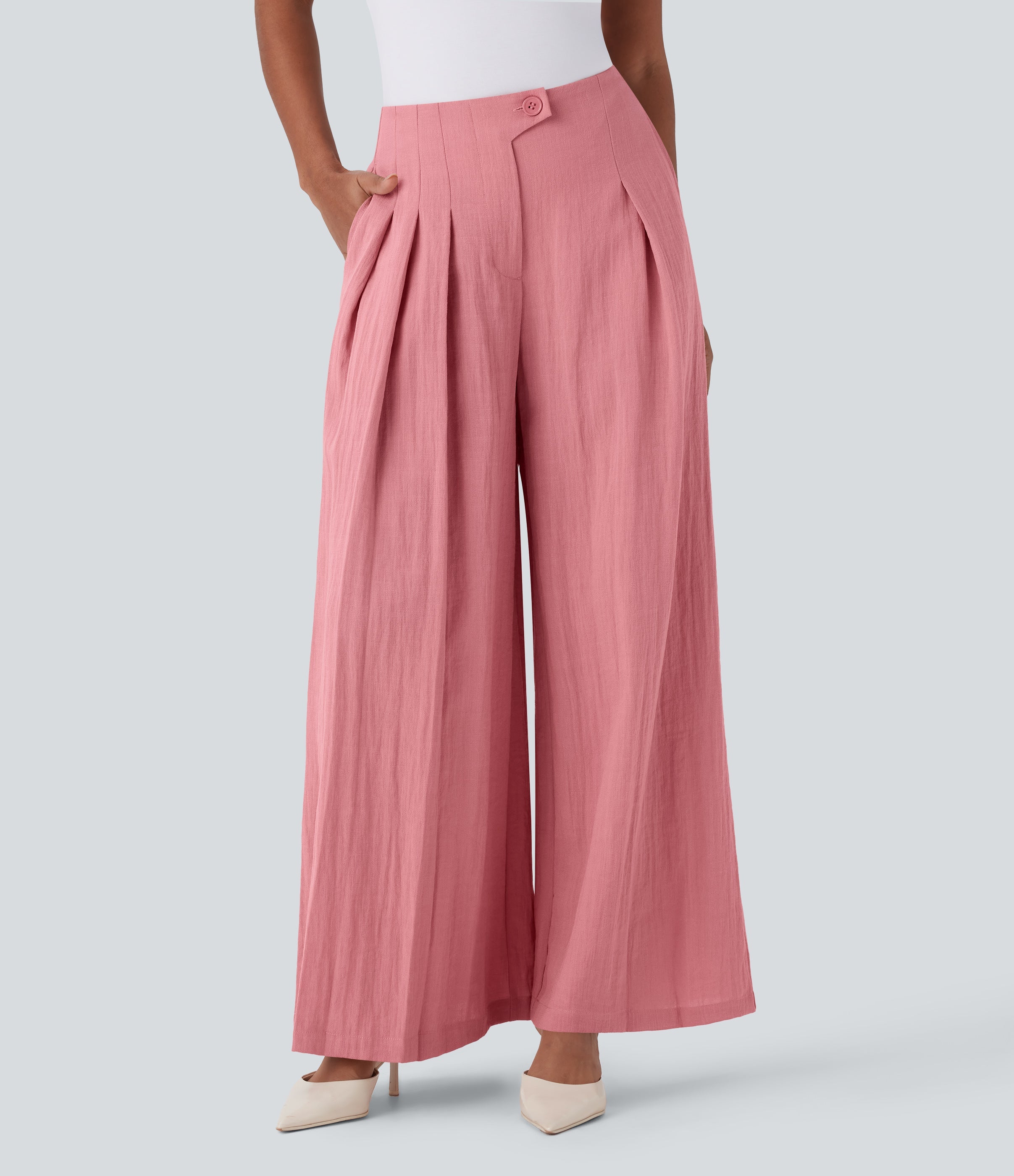 High Waisted Linen-Feel Work Wide Leg Pants with Pockets