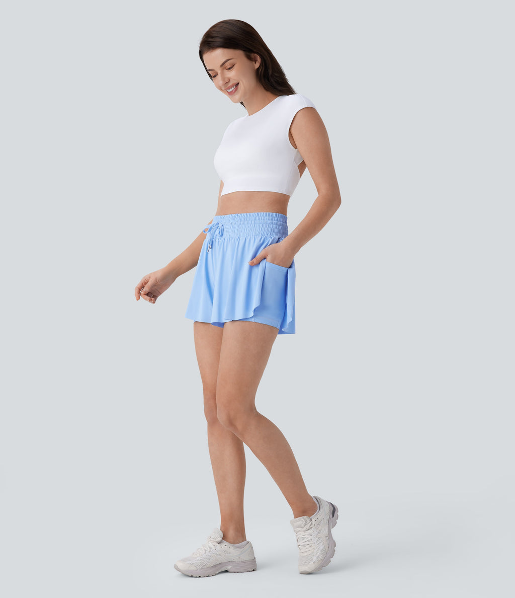 SoCinched High Waisted Tummy Control Drawstring 2-in-1 Anti-slip Hem Cool Touch Yoga Shorts with Pockets-UPF50+
