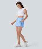 SoCinched High Waisted Tummy Control Drawstring 2-in-1 Anti-slip Hem Cool Touch Yoga Shorts with Pockets-UPF50+