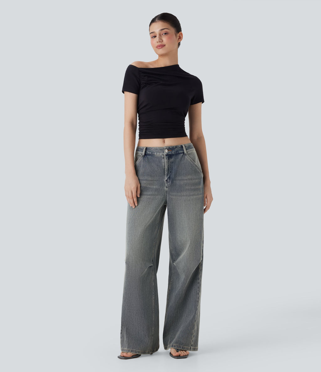 FlexTM Low Rise Wide Leg Washed Casual Jeans with Pockets