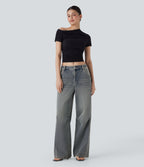 FlexTM Low Rise Wide Leg Washed Casual Jeans with Pockets