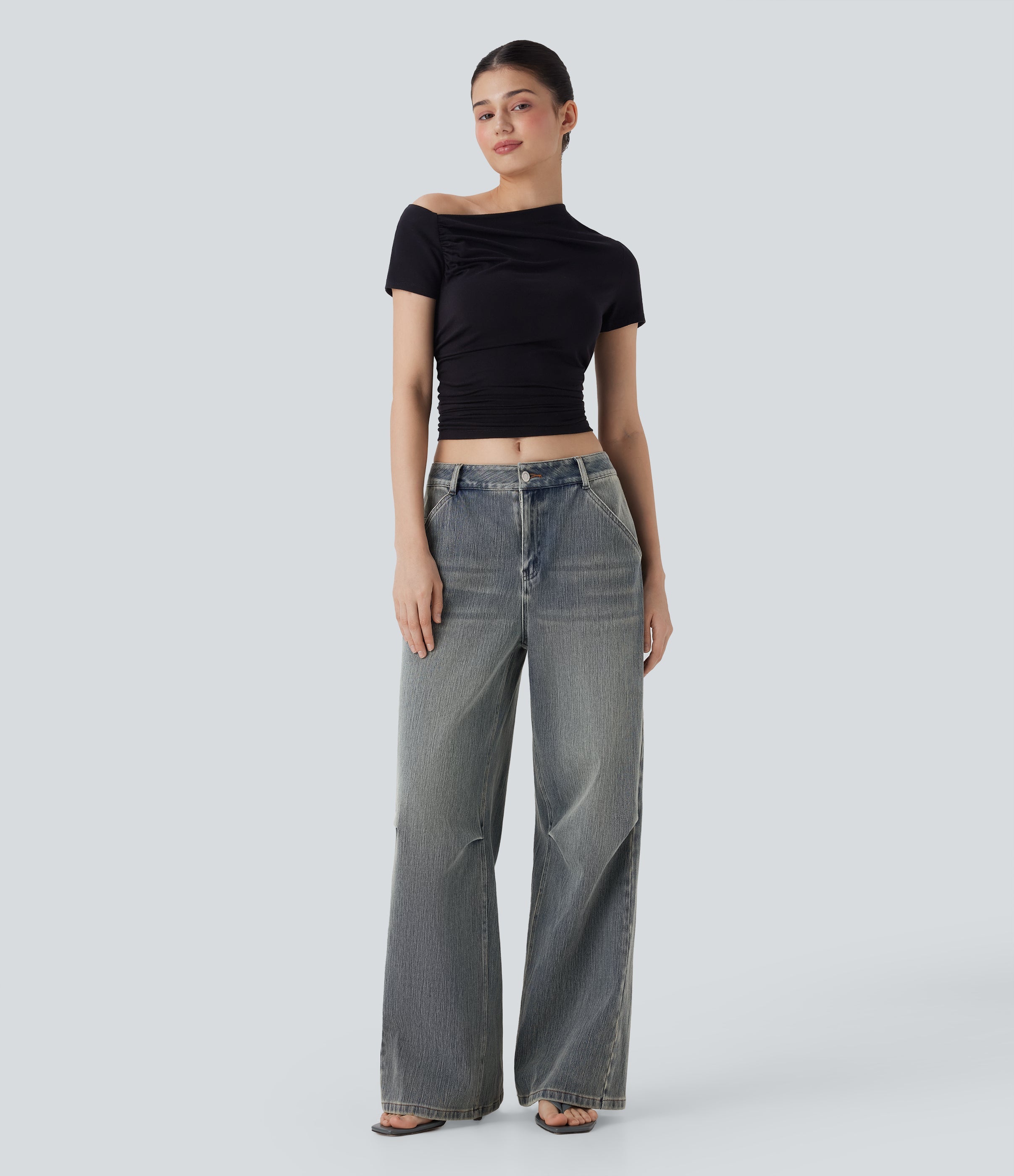 FlexTM Low Rise Wide Leg Washed Casual Jeans with Pockets
