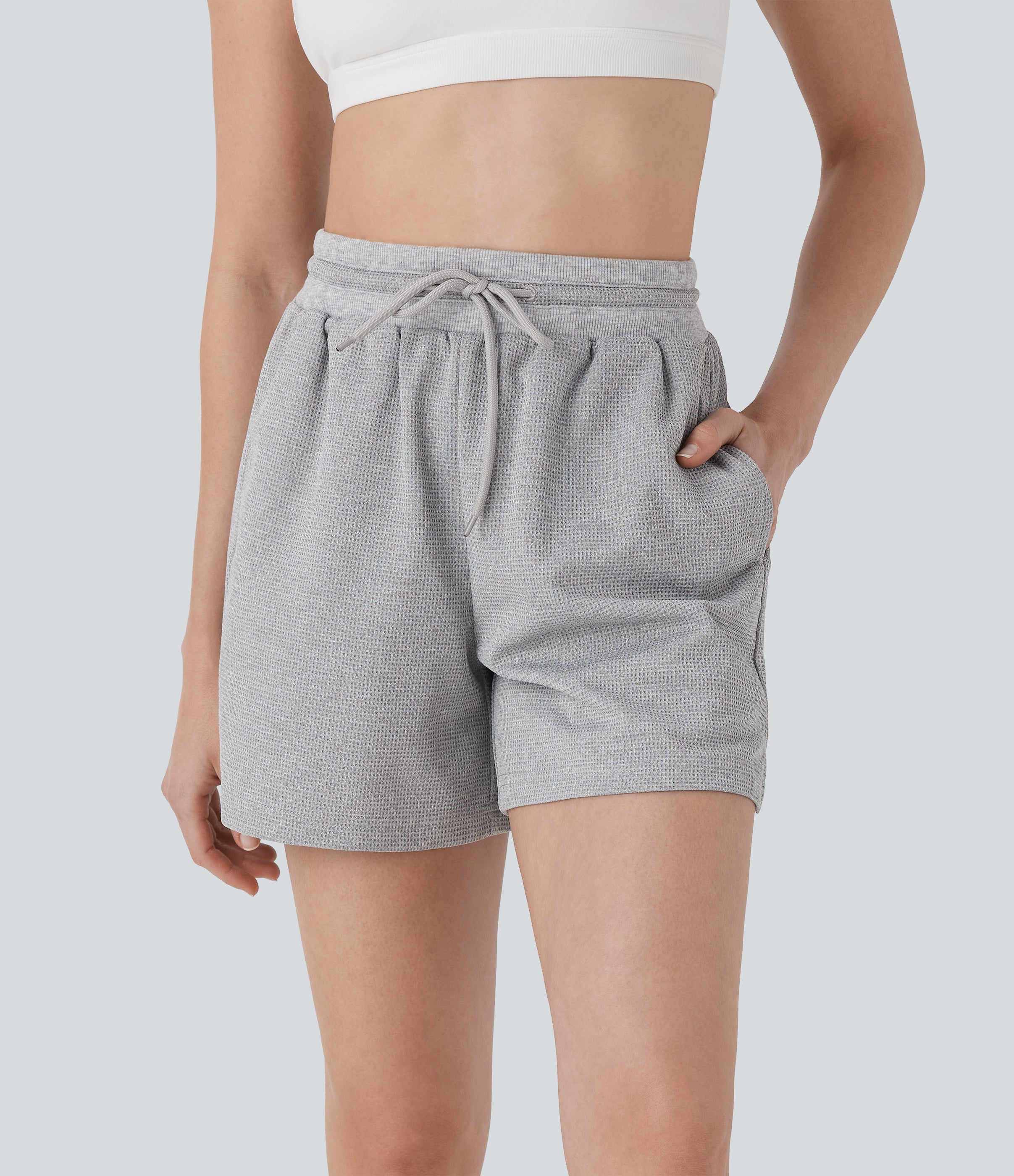 High Waisted Drawstring Waffle Yoga Shorts with Pockets